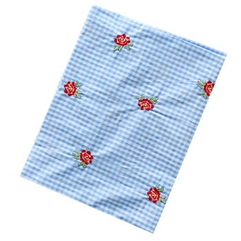 1 метр окрашенной в синий цвет хлопчатобумажной ткани в клетку с вышивкой в виде розы, сумка для скатерти ручной работы, футболки для рукоделия
