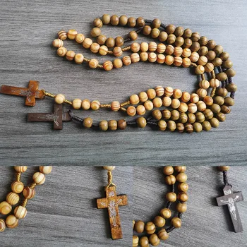 10 ММ Деревянные бусины, ожерелье с четками и крестом, подвеска с крестом Христианина Иисуса, цепочка с подвеской, религиозные украшения, Дева Мария, католический декор