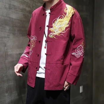 2021 Новогодняя Традиционная китайская одежда Для мужчин С вышивкой дракона Из льна с длинным рукавом, Мужская рубашка Hanfu Kungfu, костюм Tang KK3417
