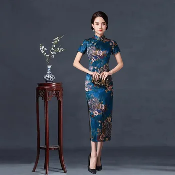 2022 Новый Винтажный Длинный женский Чонсам, сексуальный Тонкий Ципао с разрезом, Классическое китайское традиционное платье с цветочным принтом, вечернее платье