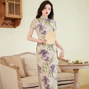 2023, Весна-лето, национальный стиль, Чонсам, винтажный приталенный модный Ципао, атласное длинное платье большого размера