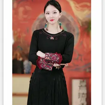 2024 китайская винтажная рубашка, женская рубашка с национальной цветочной вышивкой, свободная базовая рубашка с круглым вырезом, восточная этническая улучшенная футболка