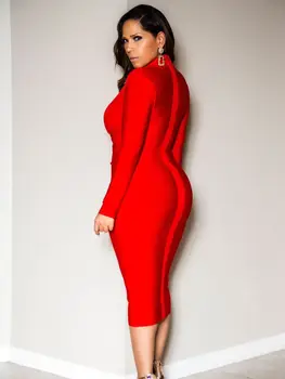 BEAUKEY Сексуальное Красное Бандажное Платье С V-образным Вырезом и Длинными Рукавами, Драпированное, 2022 Для Женщин, Миди Офисное Тонкое Платье, Облегающее Клубную Вечеринку, Vestodos XL