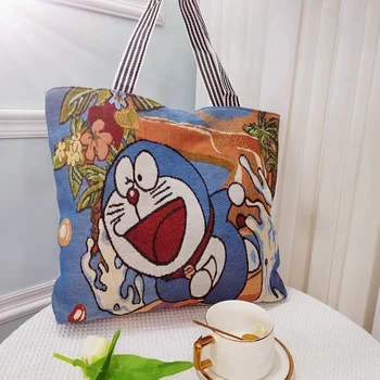 Doraemon 2022 летняя новая сумка через плечо большой емкости льняная хозяйственная сумка женская сумка через плечо для девочек 48x38x8 см
