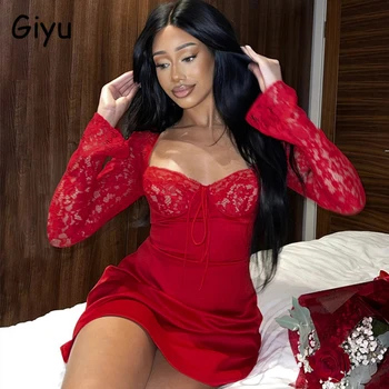 Giyu Сексуальные кружевные Вязаные крючком атласные клубные вечерние платья Для женщин 2023 Осень, Облегающее Короткое мини-платье на шнуровке с длинным рукавом, Элегантный красный халат