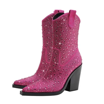 IPPEUM / Женские Блестящие ковбойские ботинки для девочек, ярко-розовые Вечерние туфли для ночного клуба на толстом каблуке, Шикарные ковбойские сапоги для женщин