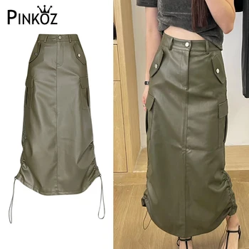 Pinkoz женская повседневная уличная одежда из искусственной кожи, юбка миди с карманами, весна-осень, модные шикарные длинные юбки с завязками, винтаж