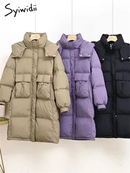 Syiwidii Повседневная однотонная женская куртка на утином пуху 90%, осень-зима 2023, пальто оверсайз с капюшоном, модная пышная куртка с воротником-стойкой