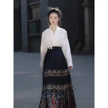 Yourqipao Hanfu Dress Suit Традиционный Белый Топ, Блузка, Черная юбка с лошадиной Мордой, Женские костюмы для восточных танцев, Китайская одежда