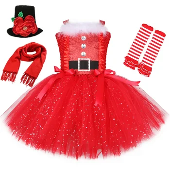 Блестящее красное платье-пачка Санта-Клауса, рождественский костюм для девочек, платье принцессы с блестками, детская Рождественская вечеринка, новогоднее бальное платье