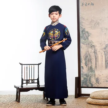 Весенний костюм Hanfu для мальчиков, Старинный темно-синий костюм с принтом дракона, косплей Hanfu в китайском стиле