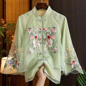 Весенний Элегантный Зеленый топ Cheongsam, Модная Белая рубашка с вышивкой в китайском Стиле, женские Традиционные винтажные Тонкие блузки для костюмов эпохи Тан