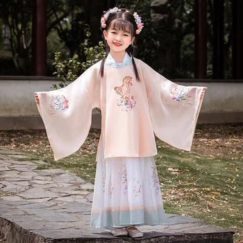 Восточный Светло-розовый костюм с цветочной вышивкой для девочек из древнего Ханфу, Китайское платье, детская одежда для выступлений фей династии Тан