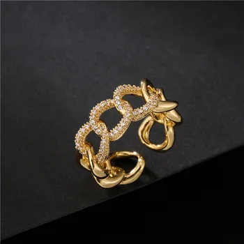 Гальваническое покрытие из золота 18 Карат, микроинсталлированный циркон, Кубинская цепочка, Открывающее кольцо геометрической формы