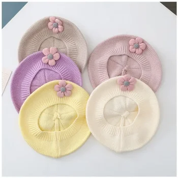 Детская шапка-берет с цветочным рисунком, зимняя теплая Вязаная шапочка-бини для маленьких девочек, Корейская принцесса-художница, однотонные шапочки для художников