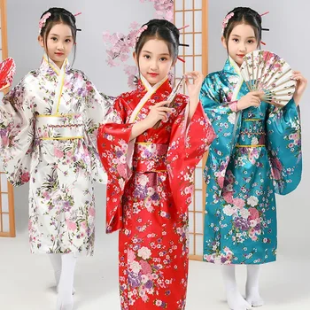 Детское кимоно в традиционном японском стиле, платье Юката с павлином для девочек, детский косплей, Японский костюм Хаори, Азиатская одежда