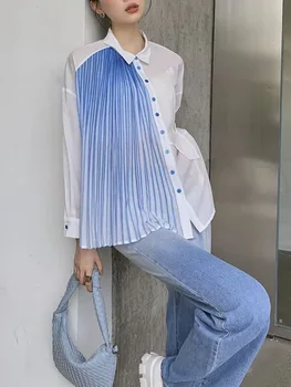 Дизайнерская сине-белая рубашка на пуговицах из лоскутков для женщин, плиссированный топ с длинным рукавом и блузка, рубашка с воротником, Мода 2023