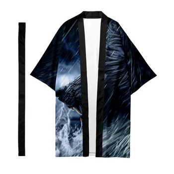 Длинный кардиган-кимоно с принтом Японского уличного самурая Harajuku размера оверсайз 6XL с волком, женские и мужские топы-юката для косплея