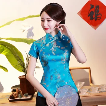 Дракон Феникс, Китайская Национальная Женская блузка, НОВАЯ повседневная Летняя рубашка с коротким рукавом, Топы, Традиционная одежда с воротником-стойкой