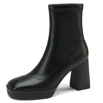 Женские ботинки с квадратным носком, обувь из натуральной кожи на высоком каблуке, женские ботильоны осень-зима 2024, офисные женские ботильоны