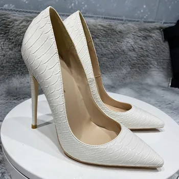 Женские туфли на высоком каблуке со змеиным принтом, сексуальные шпильки, белые, с острым носком, 12 см / 10 см / 8 см