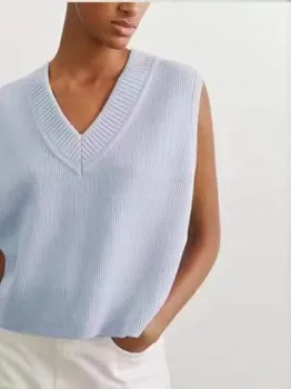 Женский вязаный жилет без рукавов из 100% кашемира, осенний новый однотонный универсальный короткий свитер на бретелях с V-образным вырезом для женщин