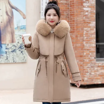 Зимнее женское теплое пальто с капюшоном и меховым воротником 2023 года Со съемной подкладкой Длинные парки Женское пальто толстая теплая куртка в корейском стиле