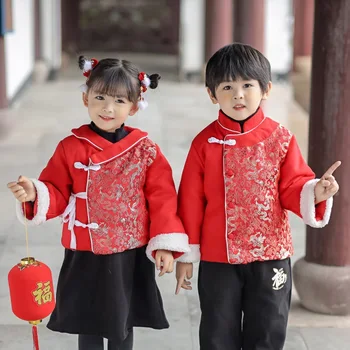 Зимний костюм для мальчиков и девочек в стиле Тан, плотный Китайский Новогодний Традиционный костюм, Весенний фестиваль, Красный принт Hanfu
