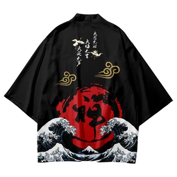 Кардиган с принтом Черного волнистого журавля, кимоно, Пляжные Женские и мужские костюмы для косплея, Хаори Юката, Японская Традиционная одежда самураев, Азиатская одежда