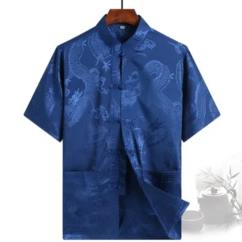 китайский новый год Традиционная Китайская Мужская Рубашка Топы Мужская Одежда Кунг-фу С воротником-стойкой Танский костюм мужская блузка ханьфу тайцзи ушу