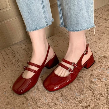 Классические женские босоножки из лакированной кожи Red Mary Jeans на среднем каблуке, туфли с двумя пряжками на ремне, женская обувь в стиле Лолиты