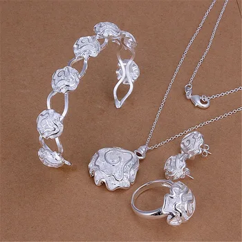 кольца из стерлингового серебра 925 пробы, браслеты, ожерелья, серьги, ювелирный набор для женщин, браслет с подвеской в виде цветка розы, Модные подарки для вечеринок