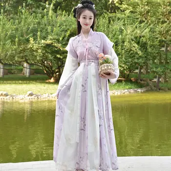 Комплект китайского платья Hanfu, вышитая блузка с круглым вырезом и коротким рукавом, свежая летняя легкая китайская одежда, сказочная женская одежда
