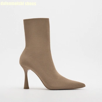 Короткие сапоги на шпильке с эластичным носком из ткани, осень 2024, Новая женская обувь, черные слипоны, черные / бежевые ботинки на высоком каблуке