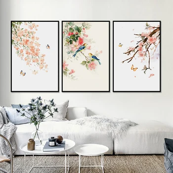 Красивый цветок персика и плакат с птицей-бабочкой, печать на холсте, Акварельная живопись, настенное искусство, домашний декор для спальни На заказ