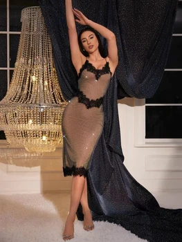 Летнее женское платье 2024 года с блестящей сеткой и кружевами, сексуальное платье без рукавов на бретельках для клубной вечеринки знаменитостей Vestidos