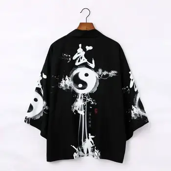 Летние мужские Юката Хаори, Китайское тайцзи, черное Японское кимоно с принтом, Кардиган, костюм Самурая, одежда, Куртка, Рубашка