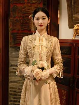 Летняя свадьба Лето 2023 Новая китайская одежда Традиционное свадебное платье для новобрачных Жемчужный темперамент Костюм подружки невесты