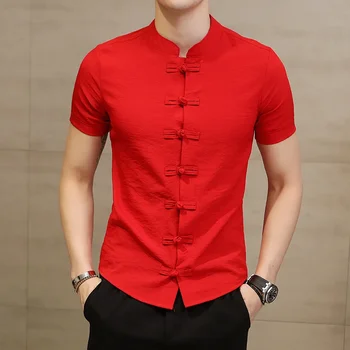 Льняные рубашки больших размеров мужская уличная одежда Воротник стойка мужская рубашка с короткими рукавами приталенная китайская традиционная одежда 5XL