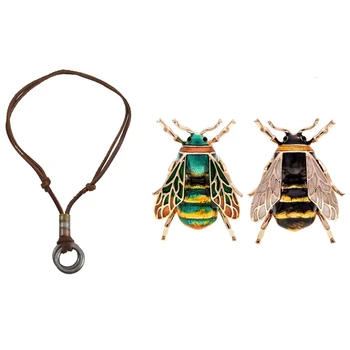 Мужское ретро Кожаное ожерелье с двойным кольцом, Подвеска и Броши с эмалью в виде насекомых, животных, Булавки из сплава Bee