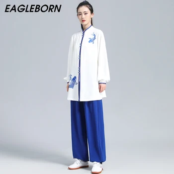 Новая традиционная китайская одежда для мужчин, Традиционные китайские топы для женщин, комплекты одежды для кунг-фу, тайцзи, Белая униформа с логотипом Koi