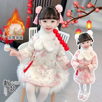 Новогодняя одежда Hanfu Qipao с цветочным принтом для девочек, костюм феи в китайском стиле, костюм Тан с хлопковой подкладкой.