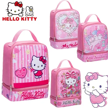 Новый ланч-бокс Hello Kitty, Милая Детская сумка для Бенто, Большая Вместительная Двухслойная Мультяшная Студенческая сумка для фруктовых закусок Kawaii, портативная сумка для пикника