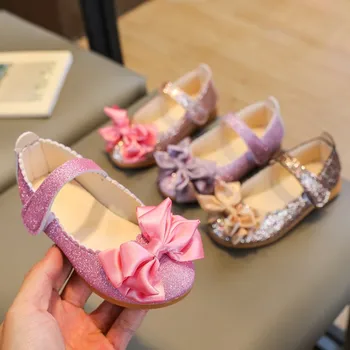 Обувь для девочек Шикарные туфли принцессы С большим бантом Обувь Мэри Джейнс Детская кожаная обувь Студенческая школьная обувь Детские балетки Золотисто-розовый 369A