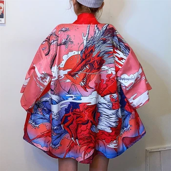 Одежда для косплея Хаори из японского аниме, уличная одежда, Юката, женское кимоно с принтом дракона, модный костюм