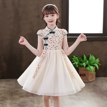 Одежда с вышивкой для девочек в китайском стиле, Летнее платье принцессы с цветочным принтом цвета шампанского