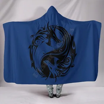 Одеяло с капюшоном Blue Yin Yang Dragons, Носимое одеяло с 3D-принтом, для взрослых и детей, различные типы одеял с капюшоном, Флисовое одеяло