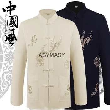 Осенняя блузка с вышивкой и принтом дракона, топы, мужской костюм Тан, китайская традиционная футболка Ханфу, пальто Кунг-фу, Восточный кардиган для отца