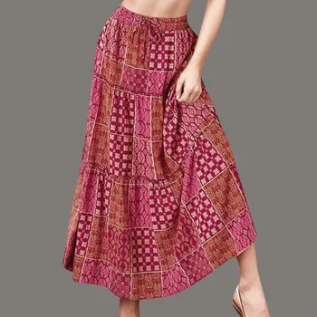 Осенняя длинная юбка трапециевидной формы с принтом и высокой талией, женские повседневные пляжные юбки в стиле бохо с эластичной резинкой на талии, праздничные макси-юбки