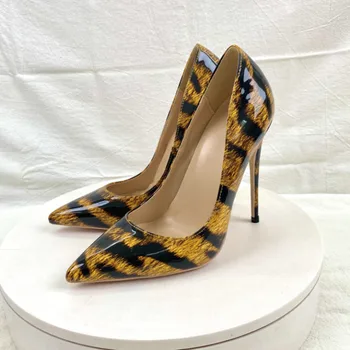 Офисные женские туфли-лодочки из искусственной кожи на высоком тонком каблуке 12 см с острым носком, без застежки, с леопардовым принтом, Высококачественная женская обувь